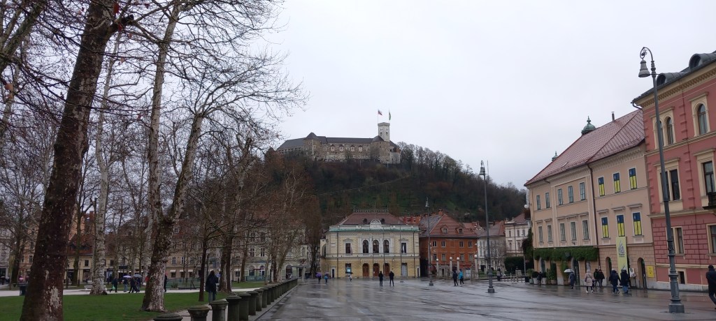 Congress Square in Ljubljana with the castle in the background.