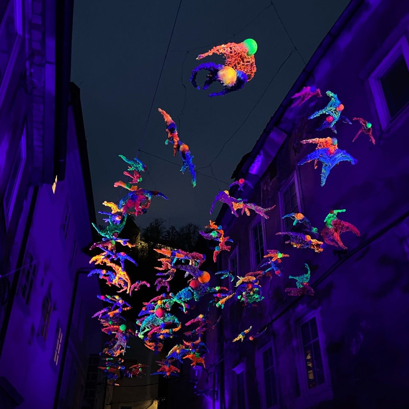 Light decoration in a street in Ljubljana in nightfall