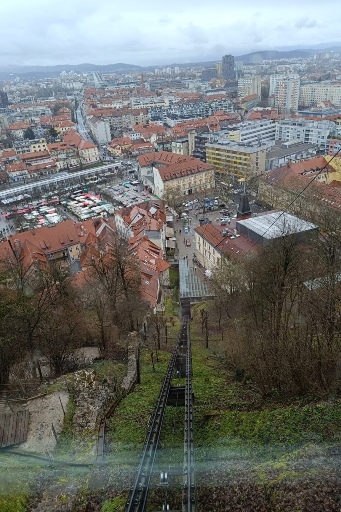 The view of Ljubljana from the cable car by the castle.