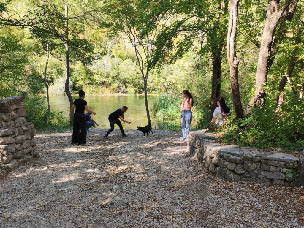 Group of people playing with a dog near a scenic river surrounded by trees and greenery.