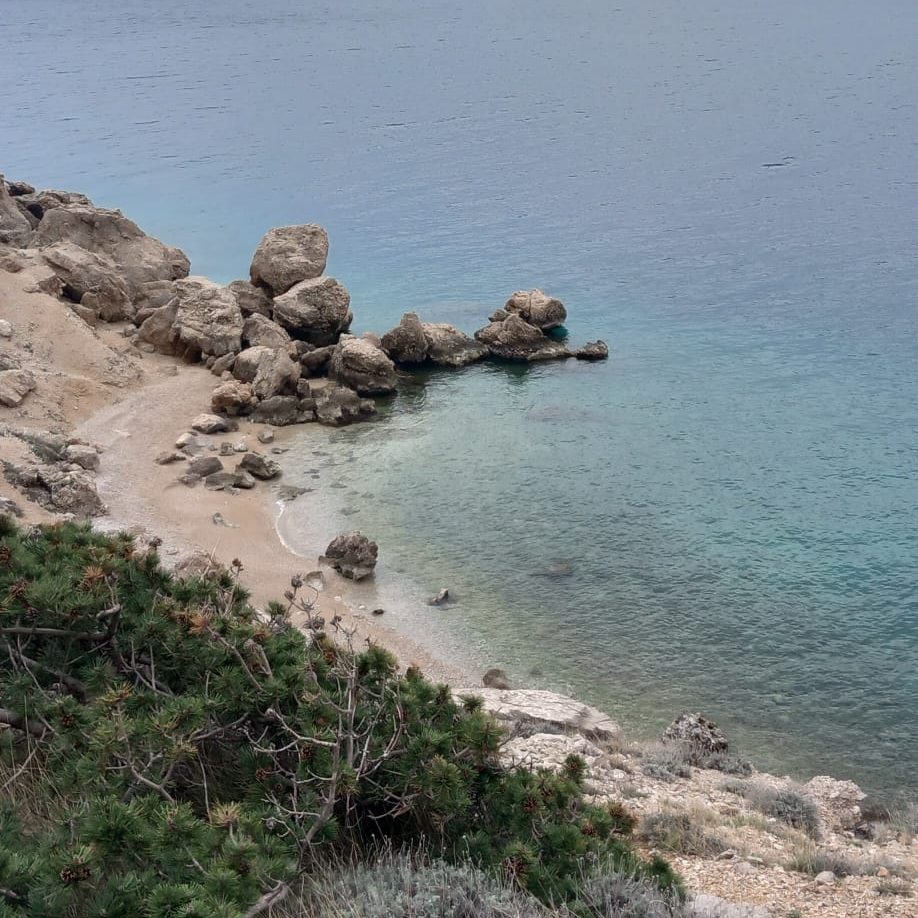 A rocky shoreline with clear turquoise water, sandy beach, and greenery in the foreground.