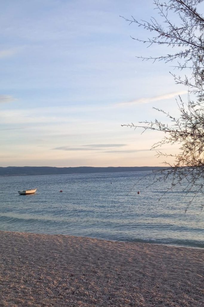 A serene beach scene featuring calm waters, a small boat anchored near the shore, and a tree branch in the foreground under a clear sky during sunset.